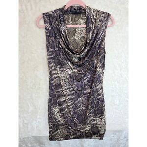 Luna Tiks Womens Snakeskin Cowl Neck Ruched Sleeveless Top Brown Tan Size L